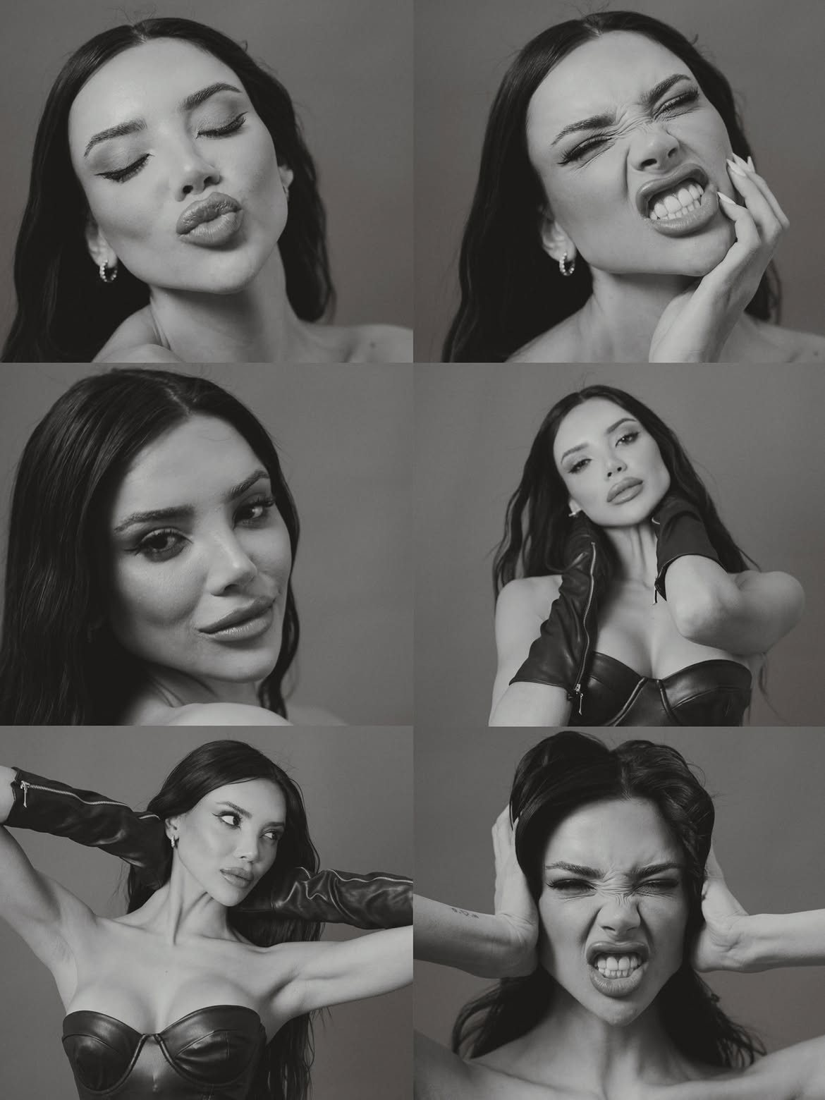 Black and white contact sheet of six expressive portraits of Eileen León